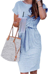 Women's Short Sleeve Striped Tie Waist T-Shirt Dress