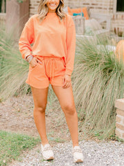 Women's Textured Long Sleeves Drawstring Shorts Set