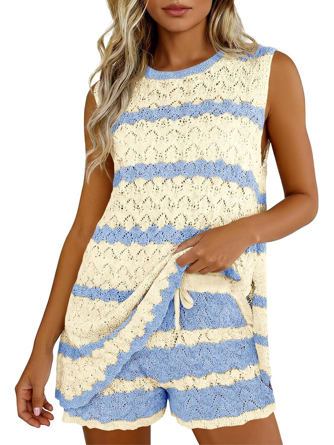 Women's Striped Knit Sleeveless Top and Shorts Co-ord Set