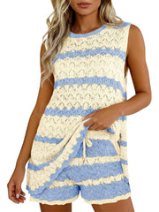 Women's Striped Knit Sleeveless Top and Shorts Co-ord Set