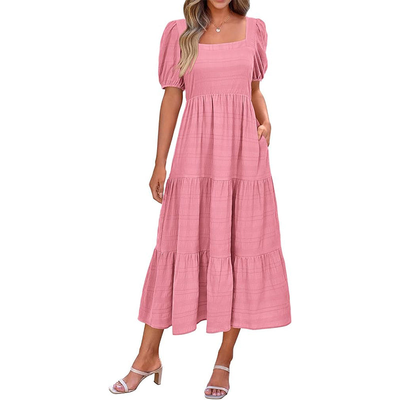 Puff Sleeve Smocked Flowy  Midi Dress