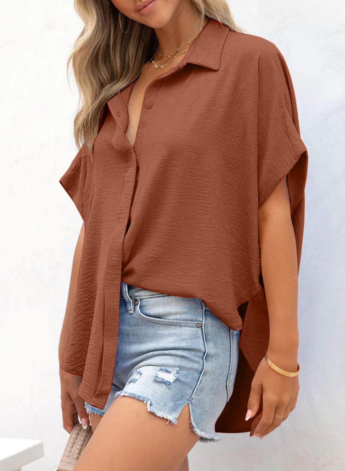 Women's Casual Short Sleeve Slit Hem Button Shirt