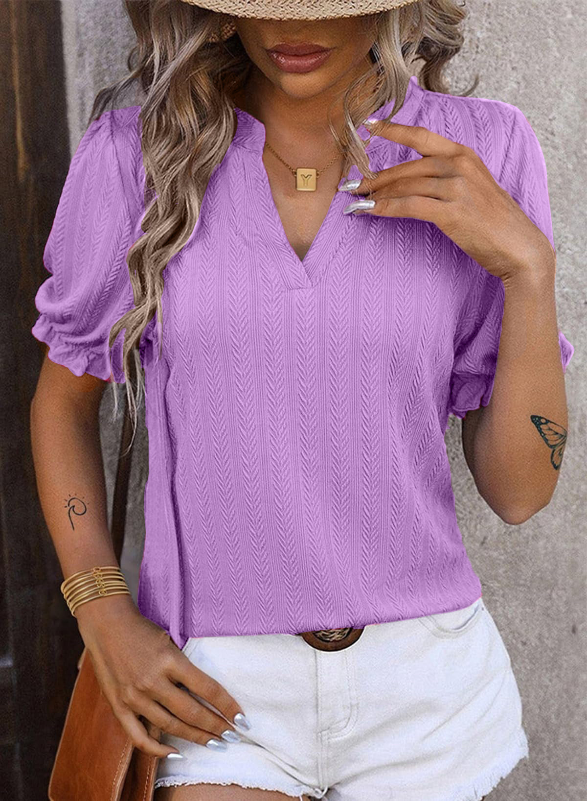Women's V-Neck  Puff-Sleeve Textured Knit Top