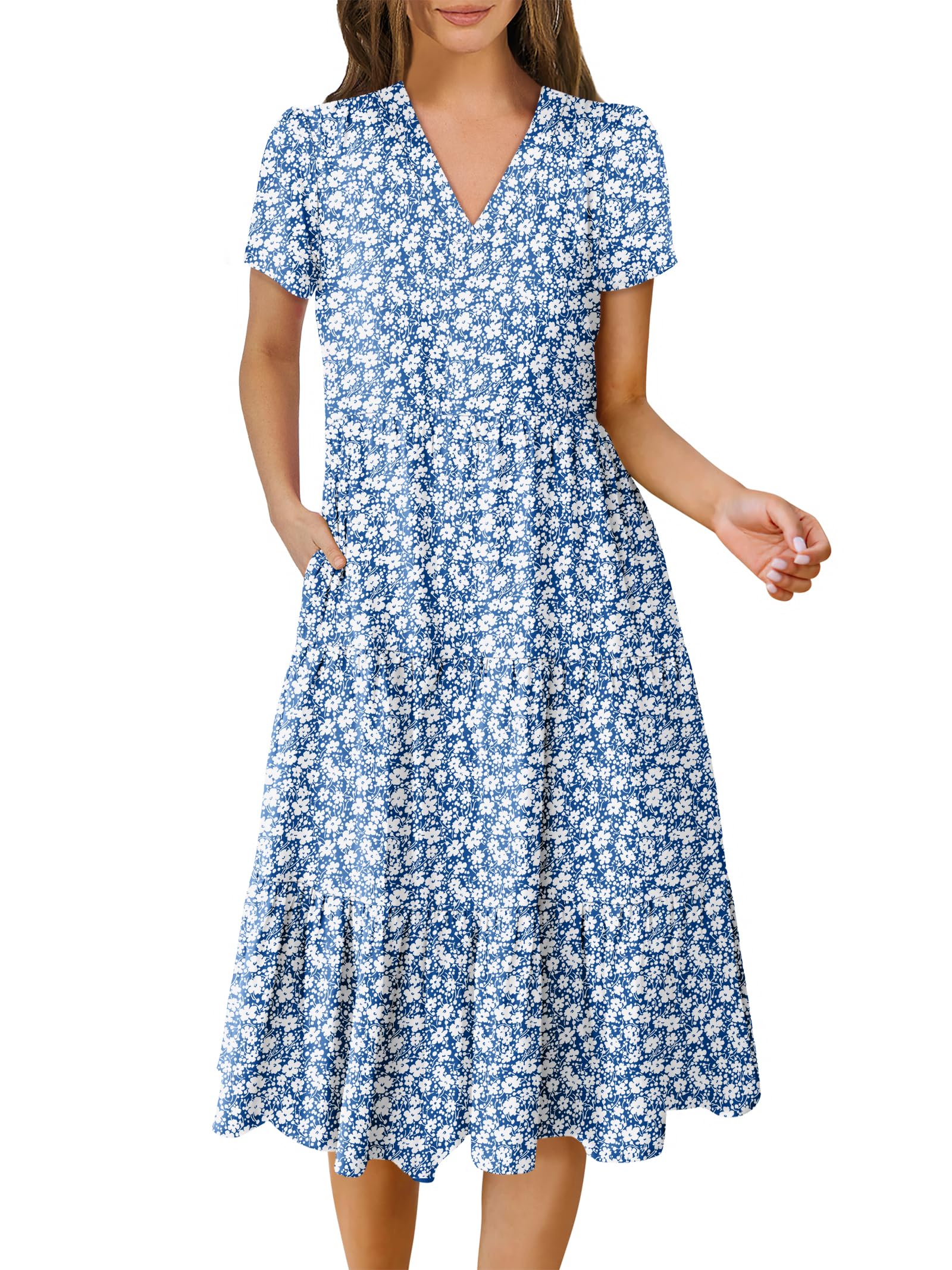 Women's Summer Casual Short Sleeve V Neck Tiered Midi Dress