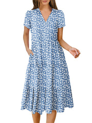 Women's Summer Casual Short Sleeve V Neck Tiered Midi Dress