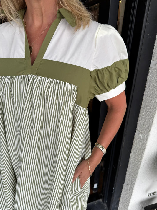 Women's V Neck Puff Sleeve Striped Shirt Dress