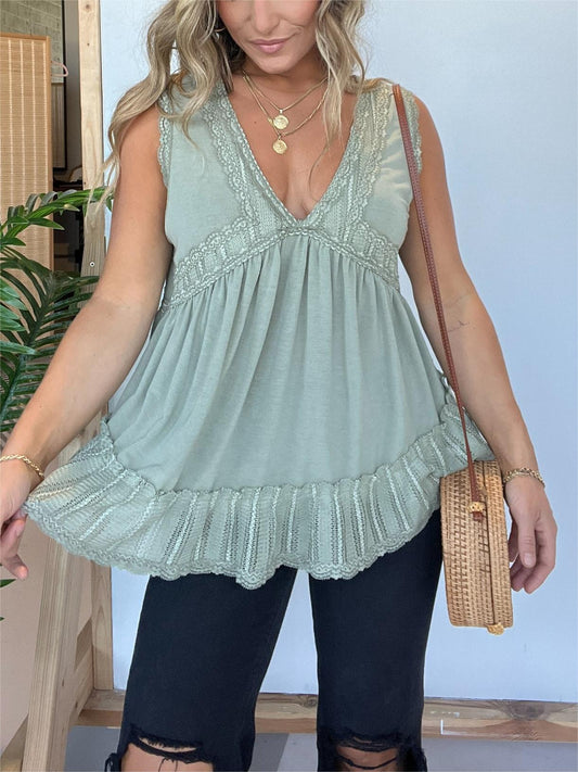 New V-neckline Sleeveless Flow Top with Lace Trim