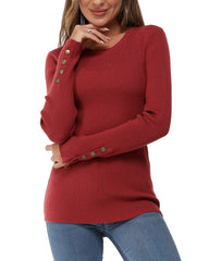 Women's Long-Sleeve Button Crew Neck Pullover Sweater