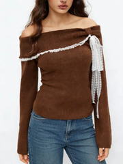 Women's Lace Bow Off-Shoulder Knit Top