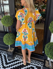Women's V-neck Puff Sleeve Printed Short Dress