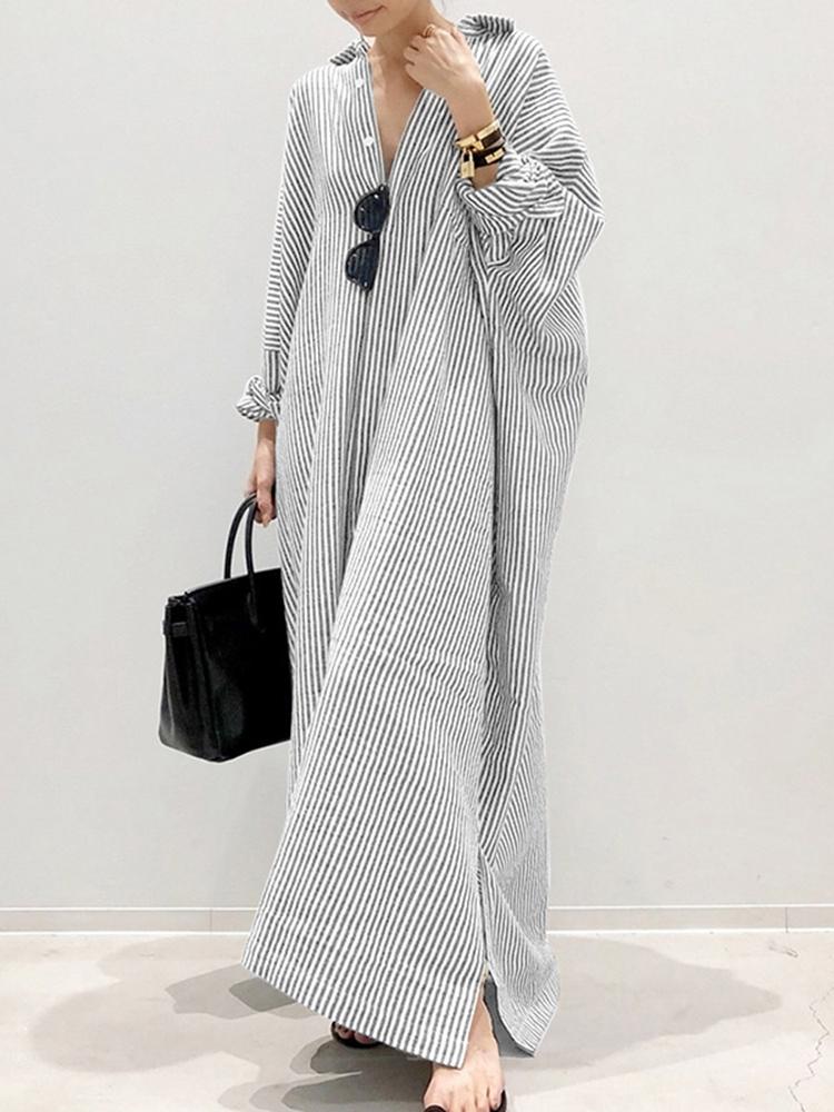 Women's Long Sleeve Button Down Loose Striped Maxi Shirt Dress