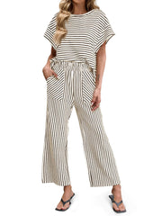 Striped Short Sleeve T-Shirts Wide Leg Pants Two Piece Set (Buy 2 Free Shipping)