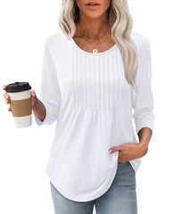 Women's 3/4 Length Sleeve Crewneck Casual Pleated Tunic Tops