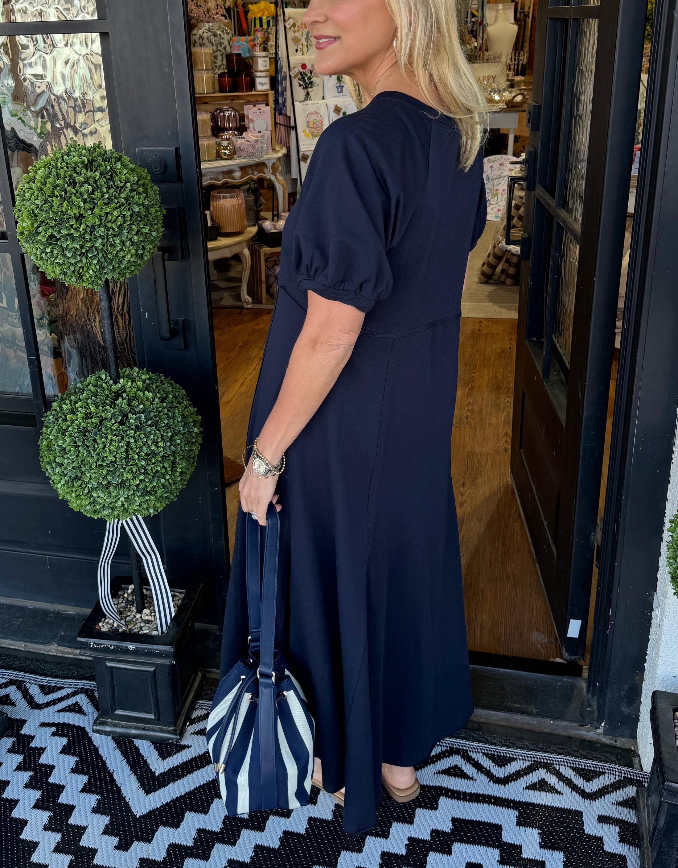 Women's Solid Puff Sleeve Long Dress With Pockets