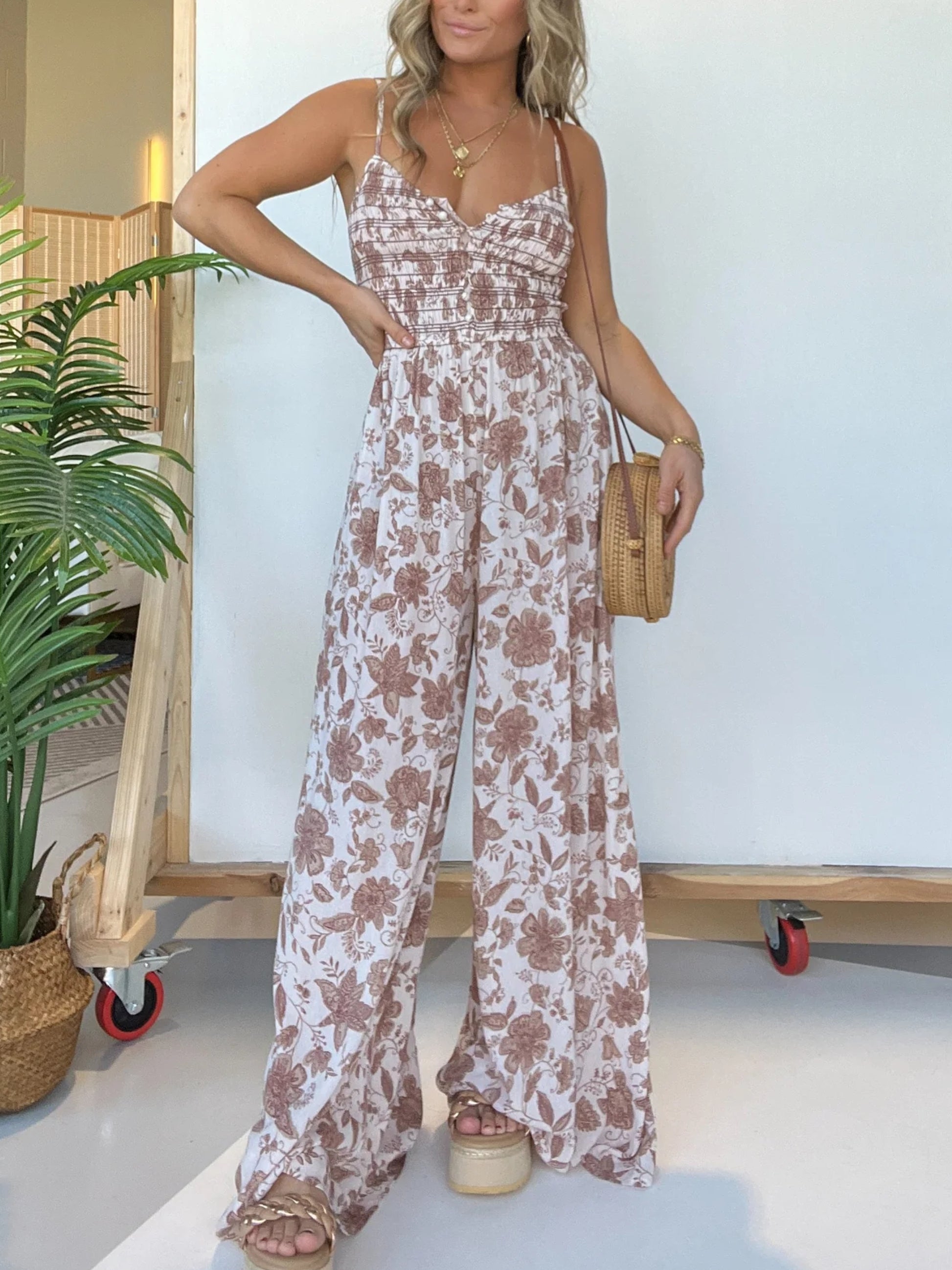 Floral Suspender Wide-leg Jumpsuit
