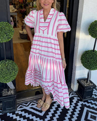 Women's Short Bubble Sleeve Striped Dress With Pockets