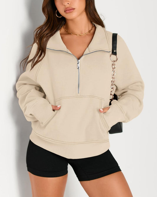 Women's Half Zip Cropped Sweatshirt With Thumb Holes