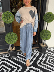 Women's Retro Distressed Heart Denim-Paneled Slouchy Sweater