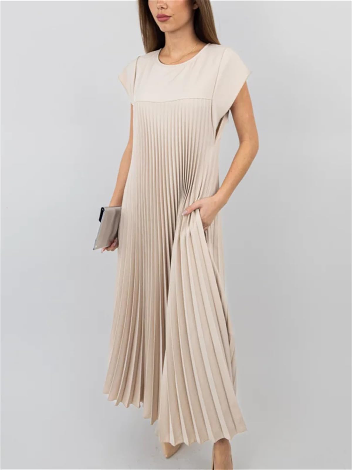 Women's Cap Sleeve Pleated Flowy Maxi Dress