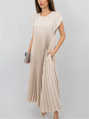 Women's Cap Sleeve Pleated Flowy Maxi Dress