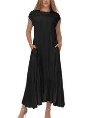 Women's Cap Sleeve Pleated Flowy Maxi Dress
