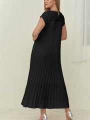 Women's Cap Sleeve Pleated Flowy Maxi Dress