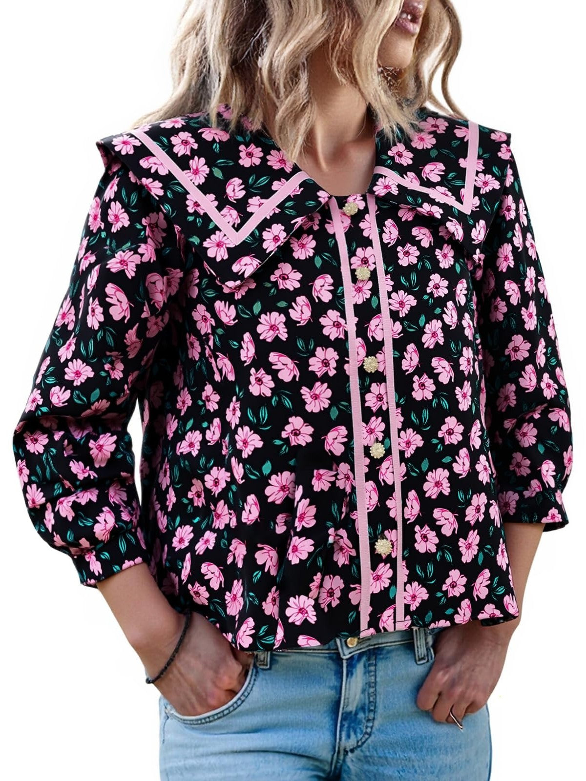 Women's Vibrant Floral Print Collar Blouse