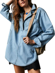 Women's V-Neck Denim Pullover Shirt