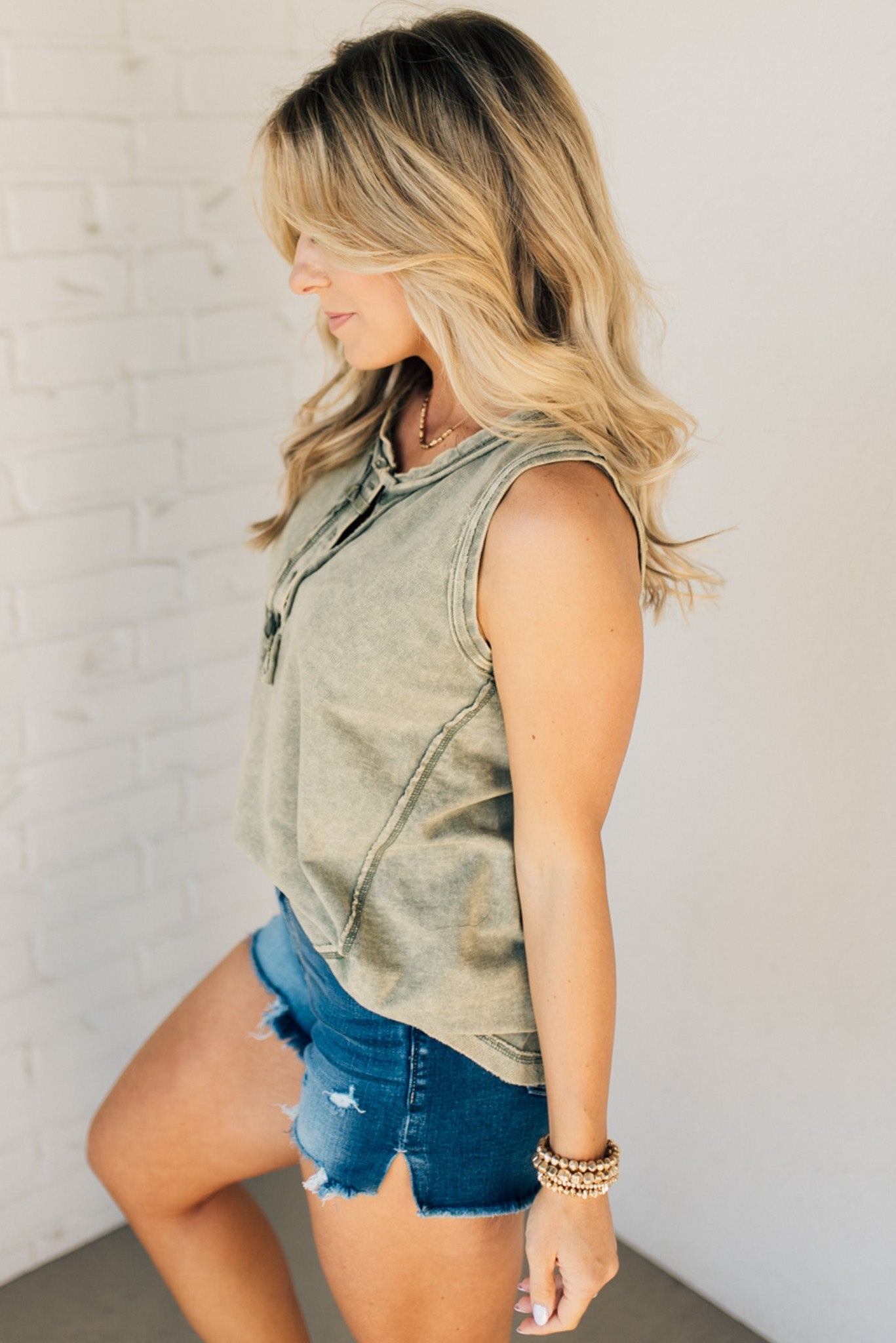 Women's Button Mix Washed Henley Tank