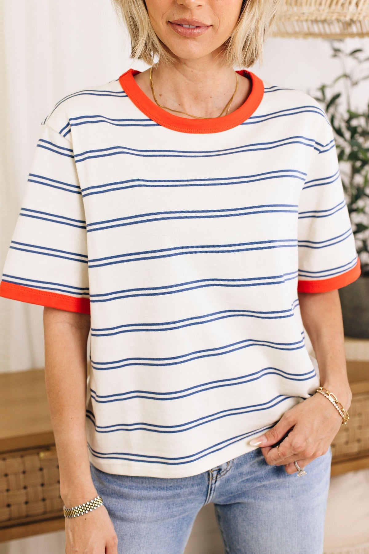 Women's Color Block Short Sleeve Striped T Shirt