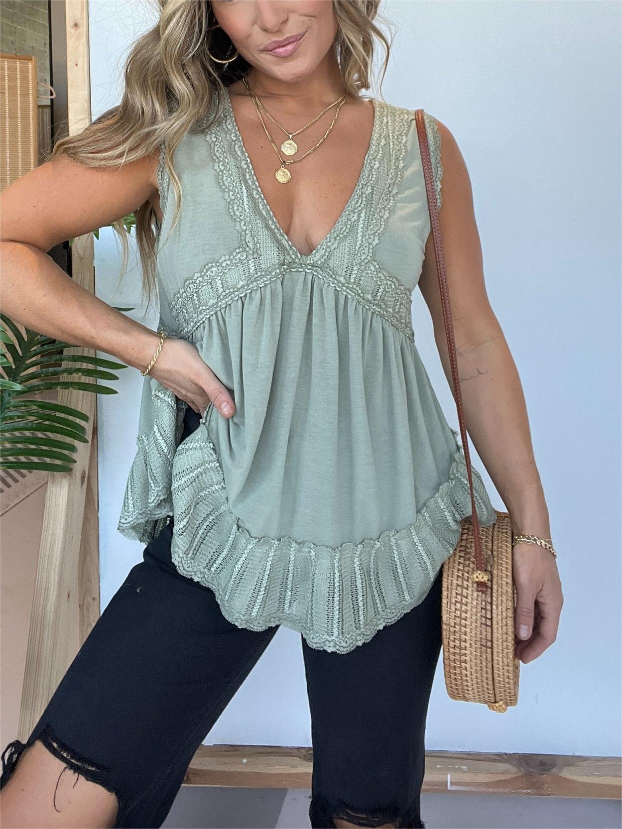 New V-neckline Sleeveless Flow Top with Lace Trim