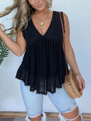 V-neckline Sleeveless Flow Top with Lace Trim