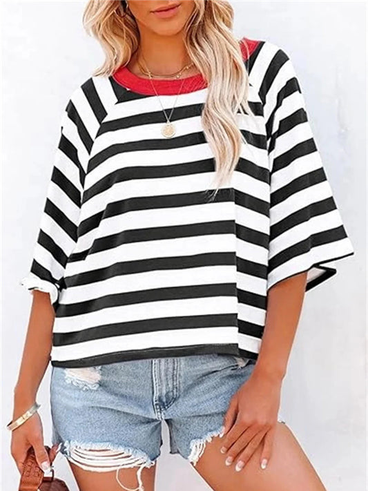 Women's Cute Round Neck Striped Short Sleeve Casual Top