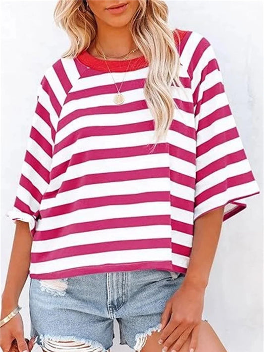 Women's Cute Round Neck Striped Short Sleeve Casual Top