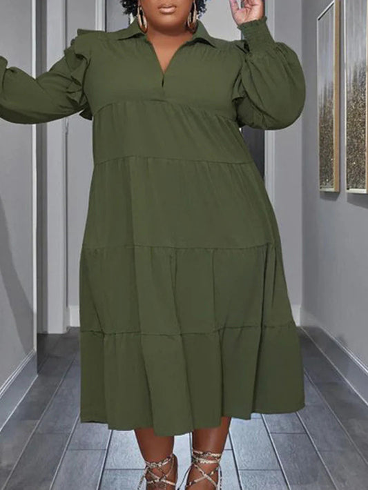 Flounced Sleeve Plus Size Turndown Collar Dress