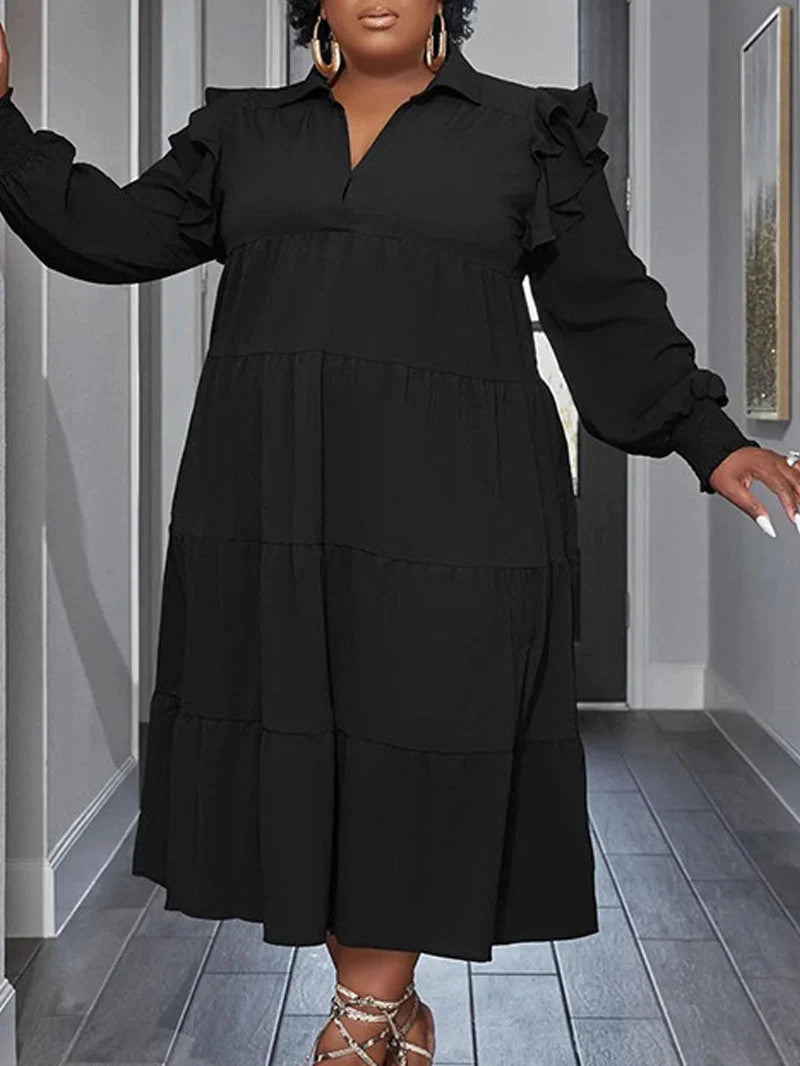 Flounced Sleeve Plus Size Turndown Collar Dress