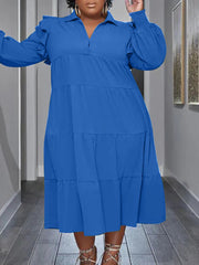 Flounced Sleeve Plus Size Turndown Collar Dress