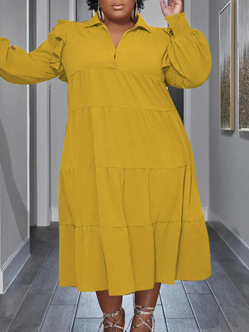 Flounced Sleeve Plus Size Turndown Collar Dress