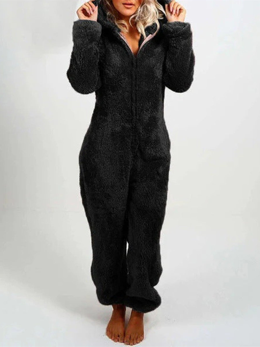 Women's Pajamas Furry Zipper Jumpsuit Hooded Pajamas