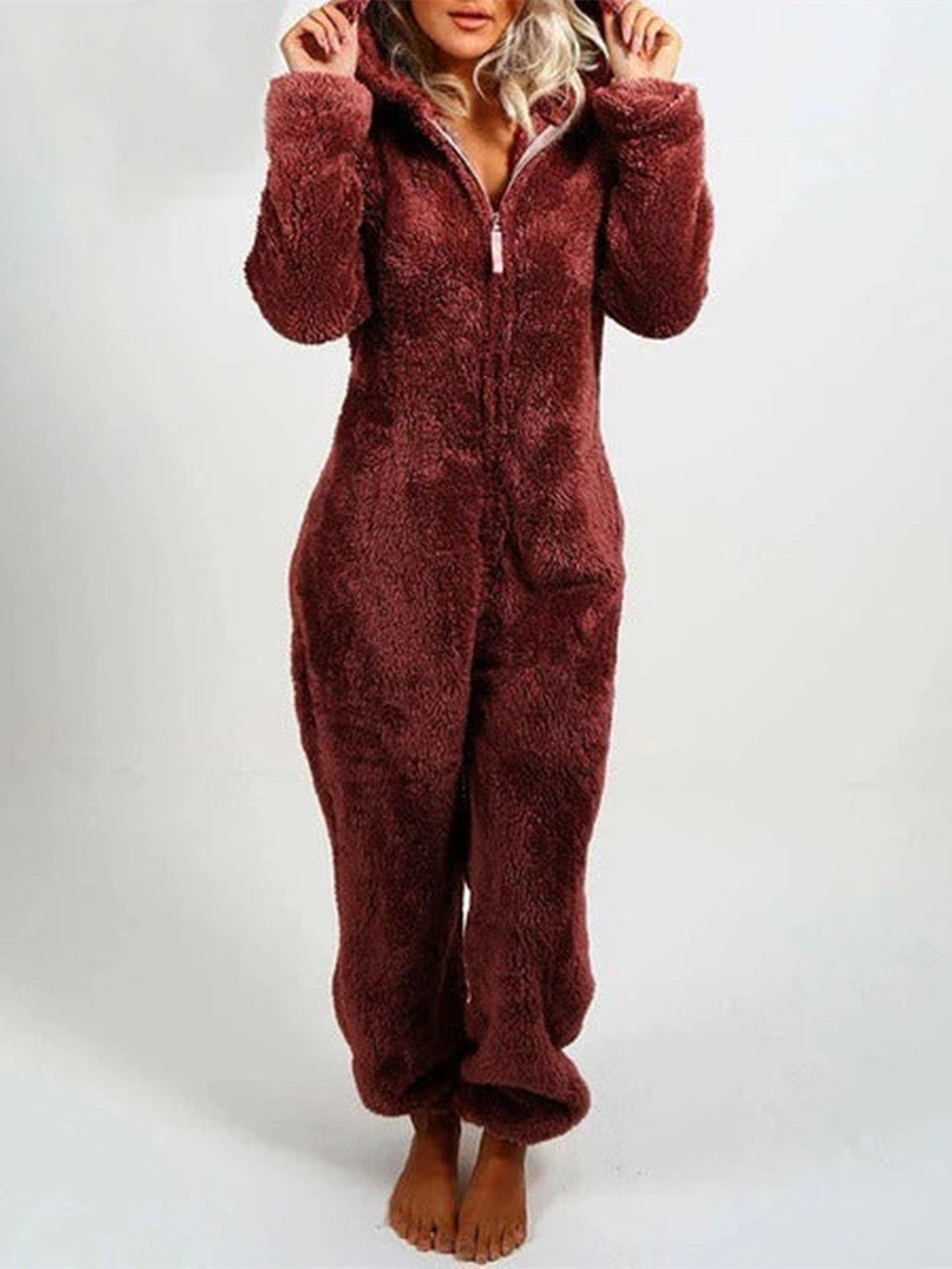 Women's Pajamas Furry Zipper Jumpsuit Hooded Pajamas