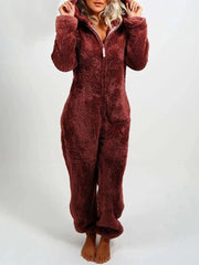 Women's Pajamas Furry Zipper Jumpsuit Hooded Pajamas