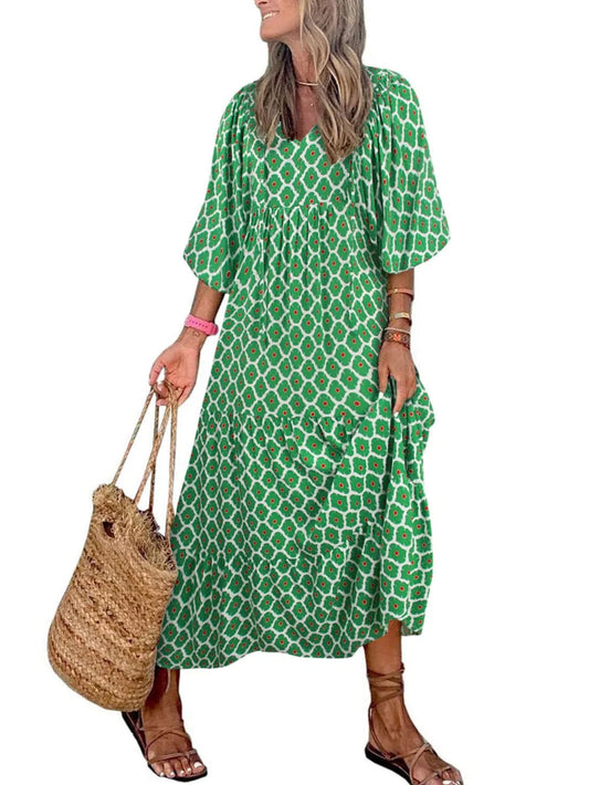 Women's Puff Sleeve Smocked Ruffle Boho Maxi Dress