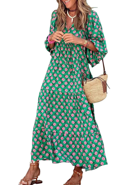 Women's Puff Sleeve Smocked Ruffle Boho Maxi Dress