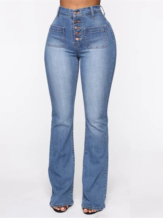 Women's Button Fly Booty Shaping High Waist Flare Jeans