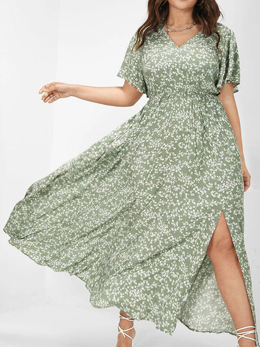 Flutter Sleeve Ditsy Floral Split Maxi Dress
