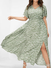 Flutter Sleeve Ditsy Floral Split Maxi Dress