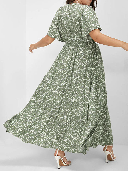 Flutter Sleeve Ditsy Floral Split Maxi Dress