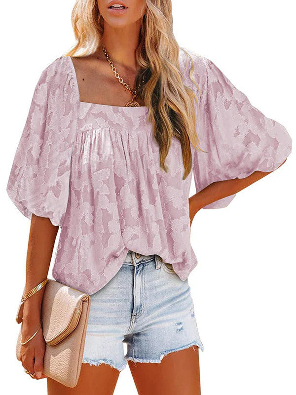 Ladies Square Collar Jacquard Chiffon Loose Tops
