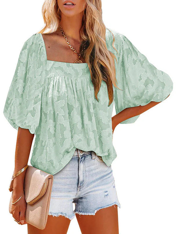 Ladies Square Collar Jacquard Chiffon Loose Tops