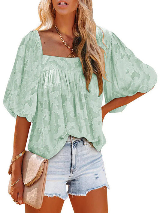 Ladies Square Collar Jacquard Chiffon Loose Tops